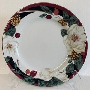 Tienshan Magnolia China Dinner Plate Set of 4, Red & Green Bands, Flowers, Cones